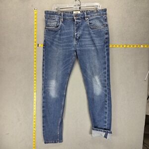 Selvedge Jeans Mens 34x30 Blue Folk Slim Tapered Whiskers Honeycomb